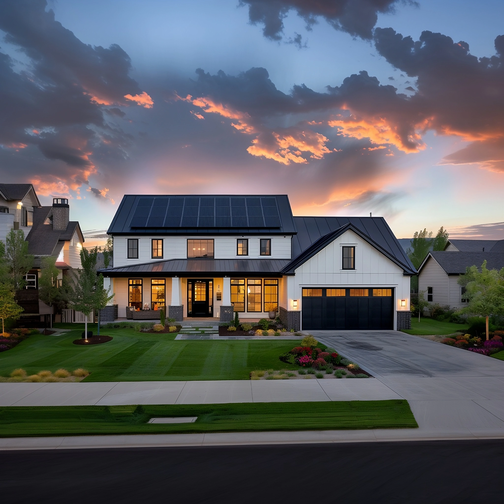 white modern house with black solar panel